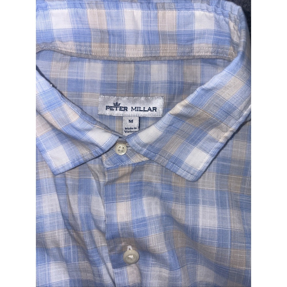Peter Millar Shirt Mens Medium Blue Plaid Button Down Casual Short Sleeve Cotton